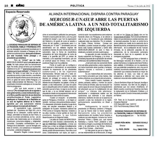TFP paraguaia: MERCOSUL-UNASUL abre as portas da América Latina a um neo-totalitarismo de esquerda